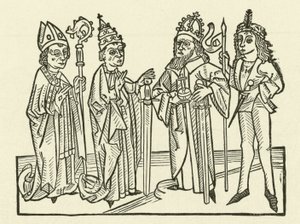 O Sacro Imperador Romano e o Papa, acompanhados por um cavaleiro e um bispo, segurando espadas, simbolizando o poder judiciário em suas terras