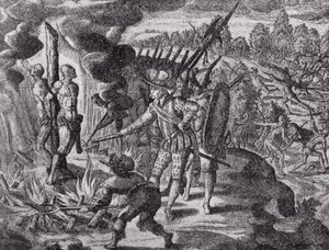 Os Espanhóis Vingam-se pela Morte de Ayolas, de Gottfrieds Historia Antipodum, pub. em 1655, de O Romance do Rio da Prata, vol. Eu, por WH Koebel, 1914