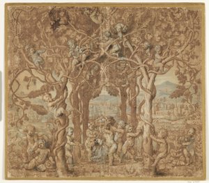 Putti colhendo vinho e brincando com um bode