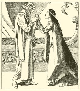 Belle Isoult e Sir Tristram bebem o rascunho do amor de after Howard Pyle