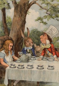 Cartaz que descreve o tea party dos Hatters loucos de Alice no país das maravilhas