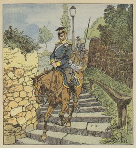 Em Chateaudun, dois ulanos perseguidos descem na escadaria de pedra de 200 degraus de after Louis Charles Bombled