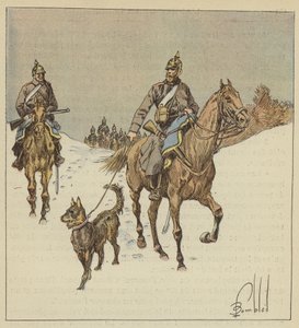 Cavaleiros prussianos em reconhecimento, cães na coleira de after Louis Charles Bombled