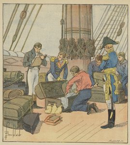 Inglês lamiraute faz inventário de bagagem de Napoleão de after Louis Charles Bombled