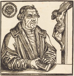 Martinho Lutero, meio comprimento à esquerda com um livro nas mãos de after Lucas Cranach the Younger