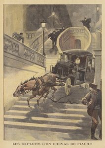 Um cavalo puxando um táxi por um lance de escadas em Paris