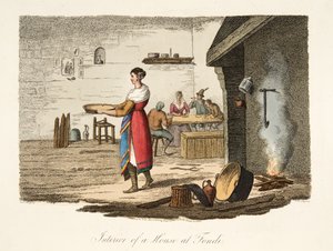 Interior de uma casa em Fondi, do cenário italiano, representando as maneiras, costumes e divertimentos dos estados diferentes de Italy, bar. 1806 (gravura colorida à mão)