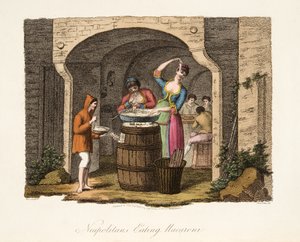 Neapolitans Eating Macaroni, do cenário italiano, representando as maneiras, costumes e diversões dos diferentes estados da Itália, pub. 1806 (gravura colorida à mão)