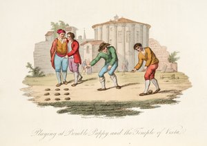 Jogando no Bomble Puppy e no Temple of Vest, do cenário italiano, representando as maneiras, costumes e diversões dos diferentes estados da Itália, pub. 1806 (gravura colorida à mão)