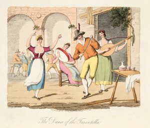 A Dança da Tarantella, do Cenário Italiano, representando as Maneiras, Costumes e Divertimentos dos diferentes Estados da Itália, pub. 1806 (gravura colorida à mão)