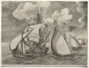 Navios à vela: uma frota de galés escoltados por uma caravela de after Pieter Bruegel