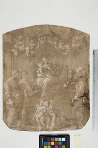 Madonna e Criança com São Pedro, Bernardo (ou Bruno), Tiago, Agostinho e quatro anjos, Madonna del Baldacchino de after Raphael