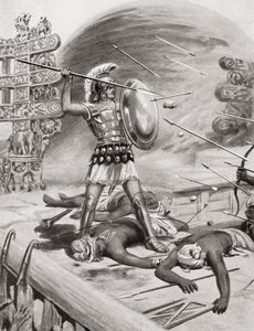 Alexandre, o Grande, lutando contra os Assacani na cidade fortificada de Massaga, Índia, durante sua Campanha Indiana em 326 aC, de Hutchinsons História das Nações, pub.1915