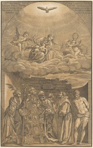 A Virgem e o Menino nas Nuvens com Seis Santos de after Titian John Baptist Jackson