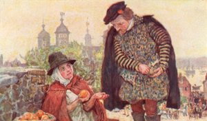 Shakespeare comprando uma laranja de dois copos de um fruiteller em Tower Hill, Londres