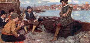Shakespeare conversando com alguns dos homens de Raleigh de volta do principal espanhol de after William Hatherell