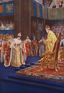 Rainha Alexandra curvando-se para o rei Eduardo VII a caminho de seu trono