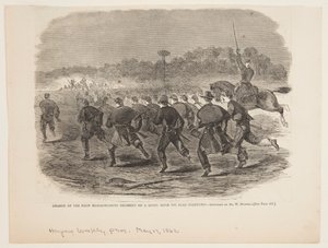 Carga do primeiro regimento de Massachusetts em um poço de rifle rebelde perto de Yorktown de Winslow Homer
