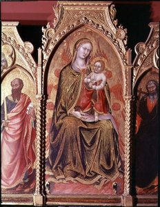 Altarpiece de Gerard Cossassi degli Assi, detalhe do painel central representando A Madonna e a Criança Enthroned (óleo no painel) de also Manfredi de Battilori Bartolo di Fredi