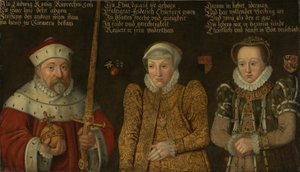 Alemão: Retrato do Eleitor Frederico III do Palatinado (1515-1576) com as suas esposas Maria von Brandenburg-Kulmbach e Amalia von Neuenar de anonymous 