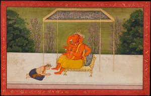 "Indra adora o Deus Ganesha com cabeça de elefante, sentado num trono". Fólio da série Tehri Garhwal do Gita Govinda