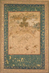 Akbar supervisionando a captura de elefantes selvagens em Malwa em 1564, pintando 90 de um Akbar-nama (Livro de Akbar) de Abu