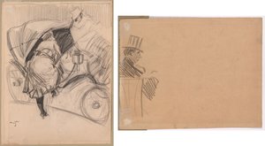 Mulher Entrando em um Fiacre (reto); Perfil direito do homem usando chapéu alto (verso) de attributed to Jean Louis Forain