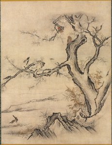 Flores e pássaros em uma paisagem de primavera de attributed to Kano Motonobu