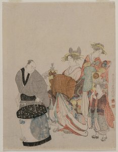 Cortesã na cidade com atendentes à noite de attributed to Kubo Shunman