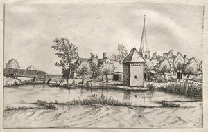 Vistas das vilas em Brabante e Campine: uma vila com fosso de attributed to Master of the Small Landscapes