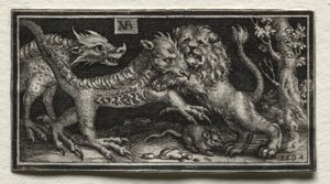 Leão lutando contra duas bestas de attributed to Tobias Stimmer