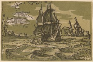 Dois navios de três mestres fora de um litoral de attributed to workshop of Willem Jansz. Blaeu