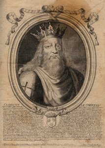 Clodion dit "Le Chevelu" (428-448), antepassado dos Merovingianos, chefe dos Francos Salianos - Clodion The Hairy (c.428-47) Rei de uma Tribo dos Francos Salianos - gravura de "Les Augustes Representations de tous les Kings de France de Pharamond t