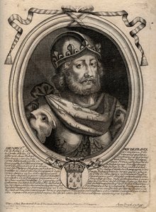 Dinastia dos Capetianos: Retrato de Henrique I (1009-1060), Rei dos Francos de 1031 a 1060 - Henrique I (1009-1060) Rei da França - gravura de "Les Augustes Representations de tous les Kings de France de Pharamond a LouisXIV", Paris de de Larmessin