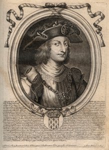 Retrato de Clovis II, Rei dos Francos (v.633-657) - Clovis II (c.634-657), Merovingian Frankish King of Neustria e Borgonha (639-657) - gravura de 