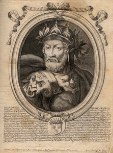 Retrato de Merovee ou Merovech Roi franc (v. 458) 1º rei da raça Merovíngia - Retrato de Merovech (Meroveus) (d.456) Rei dos Francos Salianos - gravura de 