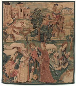 Cenas de caça e pastorais, com um homem rindo entre senhoras de design probably French 16th Century, Paris; woven in southern Netherlands or Paris in an undetermine workshop