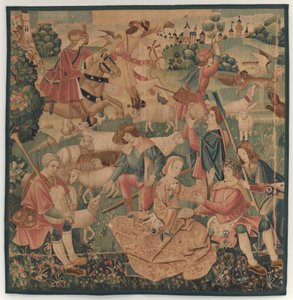 Cenas de Caça e Pastoral, com um herói coroado entre senhoras de design probably French 16th Century, Paris; woven in southern Netherlands or Paris in an undetermine workshop
