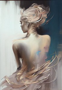 Uma mulher vestida, sentada, vista por trás, pintura de silhuetas