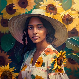 Retrato abstrato de uma bela rapariga mexicana e fundo de girassóis, Arte em tela para impressão
