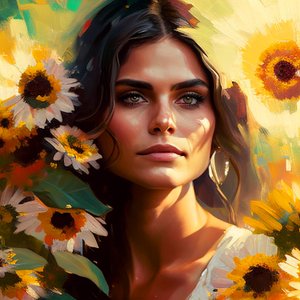 Retrato de uma bela mulher mexicana e girassóis, Arte da parede | Impressões em tela