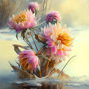 Flores abstractas de dálias cor-de-rosa e amarelas dobradas por um vento gelado, Impressões artísticas