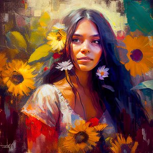 Bela mulher mexicana rodeada de girassóis, parede Impressão de arte a pedido