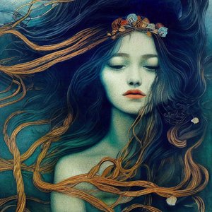 Rapariga bonita com cabelo a dançar ao vento, tela abstracta realista, de F. Abderrahim