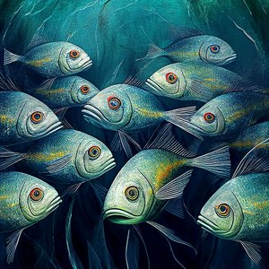 Peixes em tela na água do oceano, Pintura abstracta de F. Abderrahim