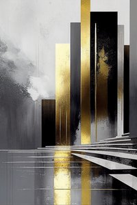 Pintura abstrata minimalista com paleta de cores cinzenta e dourada