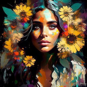 Beleza natural, rapariga mexicana rodeada de girassóis, wall Art print