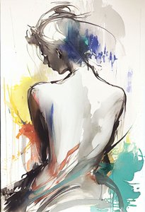 Desenho a aguarela que representa uma mulher sentada de costas para de F. Abderrahim