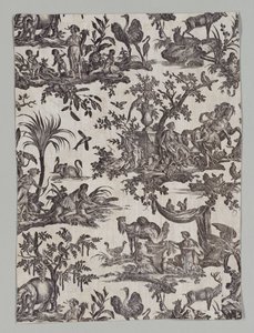 Fragmento de Algodão Impresso em Cobre com Desenho "Les quatres parties du monde" de firm of Christophe Philippe Oberkampf
