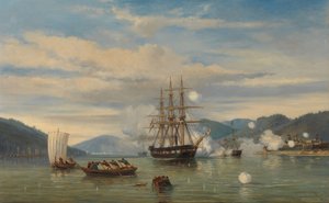 Navio de guerra movido a vapor HMS Medusa abrindo o estreito de Shimonoseki HMS 